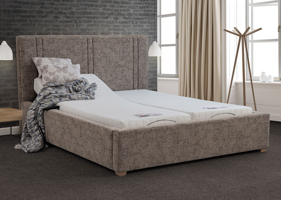 chloe-Stripe-Frame Brown mobility bed with headboard, with half the bed shown in a more upright lifted position