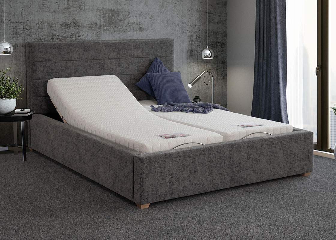 mulberry-Frame-Smoke Dark grey mobility bed with one half shown in upright movement position